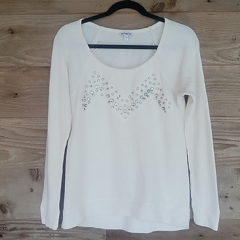 Express Size Small Ivory Scoop Sweatshirt with Studs and Rhinestones